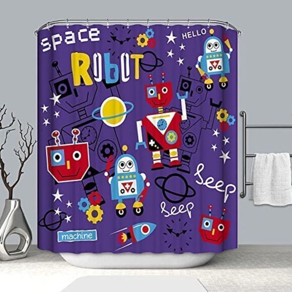 Robot Shower Curtain For Boys Kids Cartoon Cute 71x 71 in Set With 12 Hooks - Picture 1 of 2